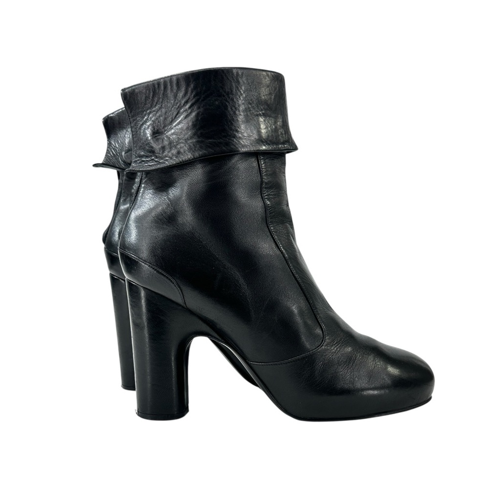 Veronique Branquinho Black Foldover Sock Block Heel Leather Ankle Boots Booties